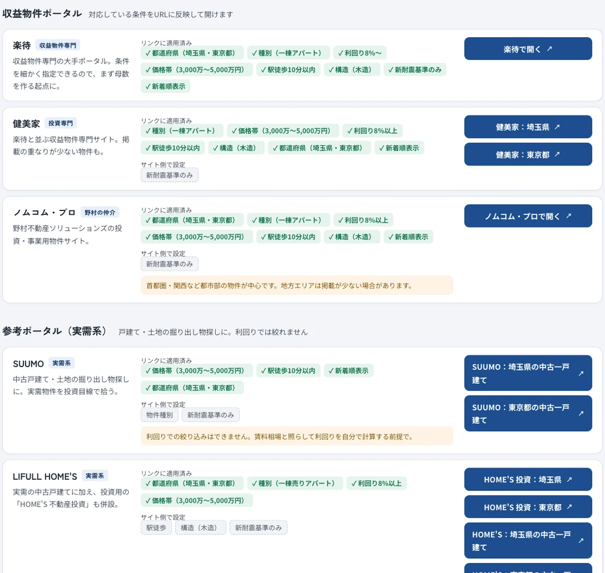 物件レーダーで主要ポータルの検索条件とリンクを一覧表示した画面